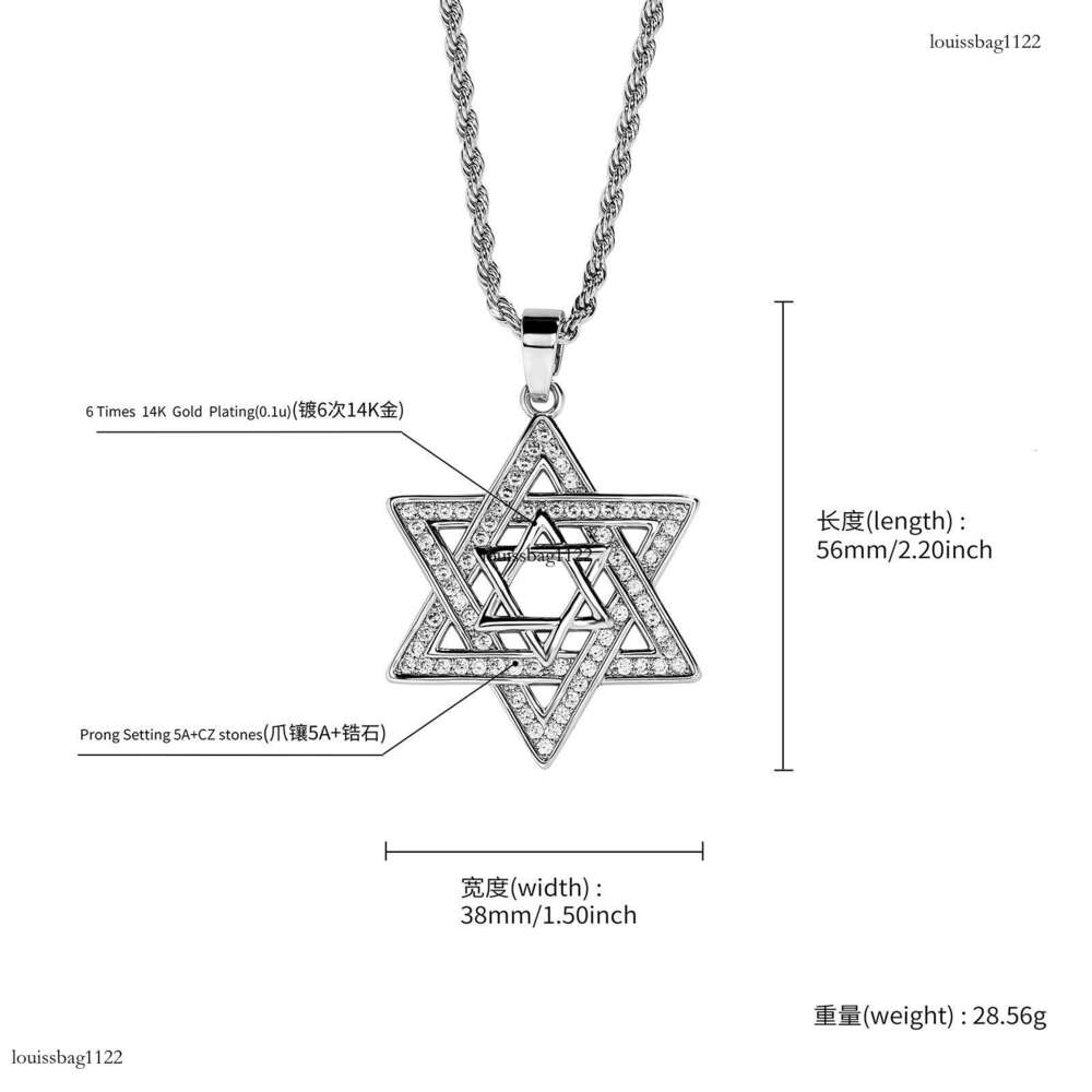 Fashion Hip-Hop Moissanite chain Inlaid Star of David Pendant Men's Hexagram Necklace