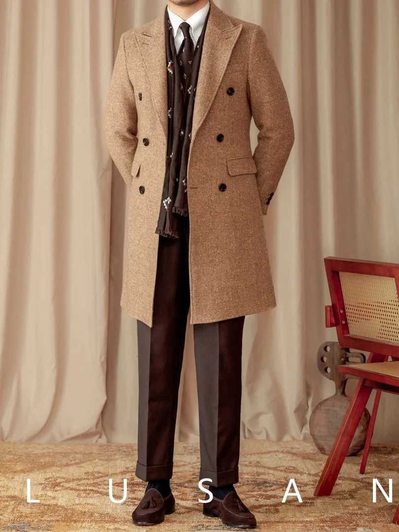 Mens Wool Silk Blend Overcoat| Winter Old Coin Pattern Coat| Double-Breasted Long Jacket| 97% Wool Mulberry Silk Luxury XJ250809