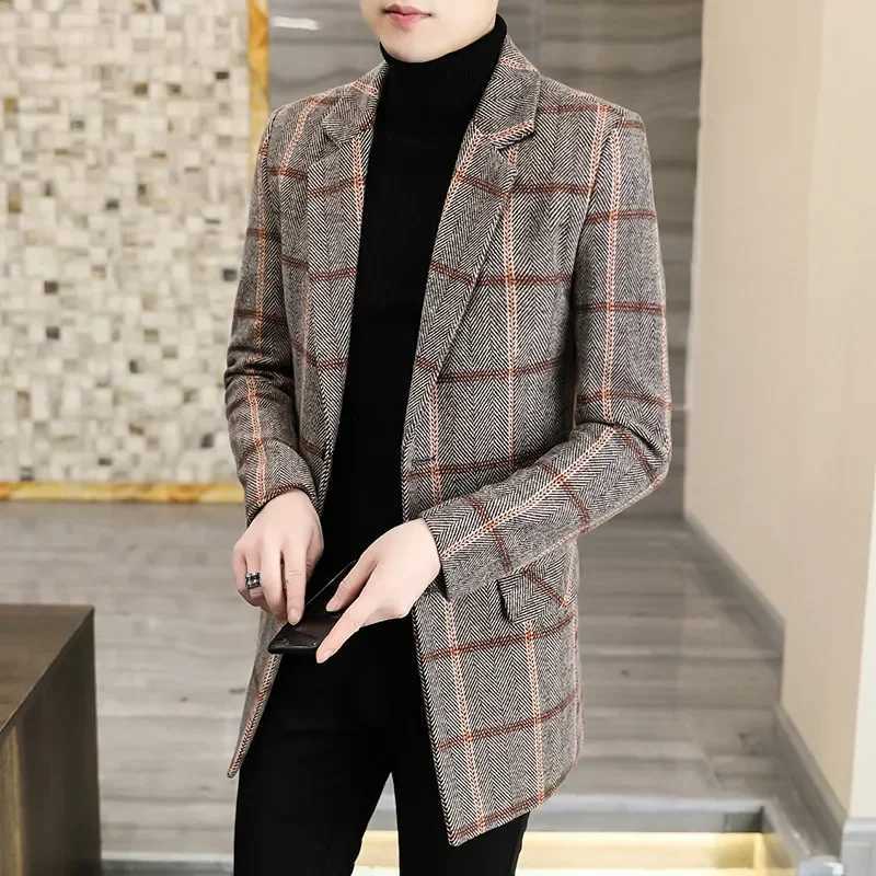 Mens Casual Woolen Coat Autumn Winter Mid-Long Plaid Cotton Wool Blends Coats Business Outerwear Overcoat Thick Warm Windbreaker XJ250809