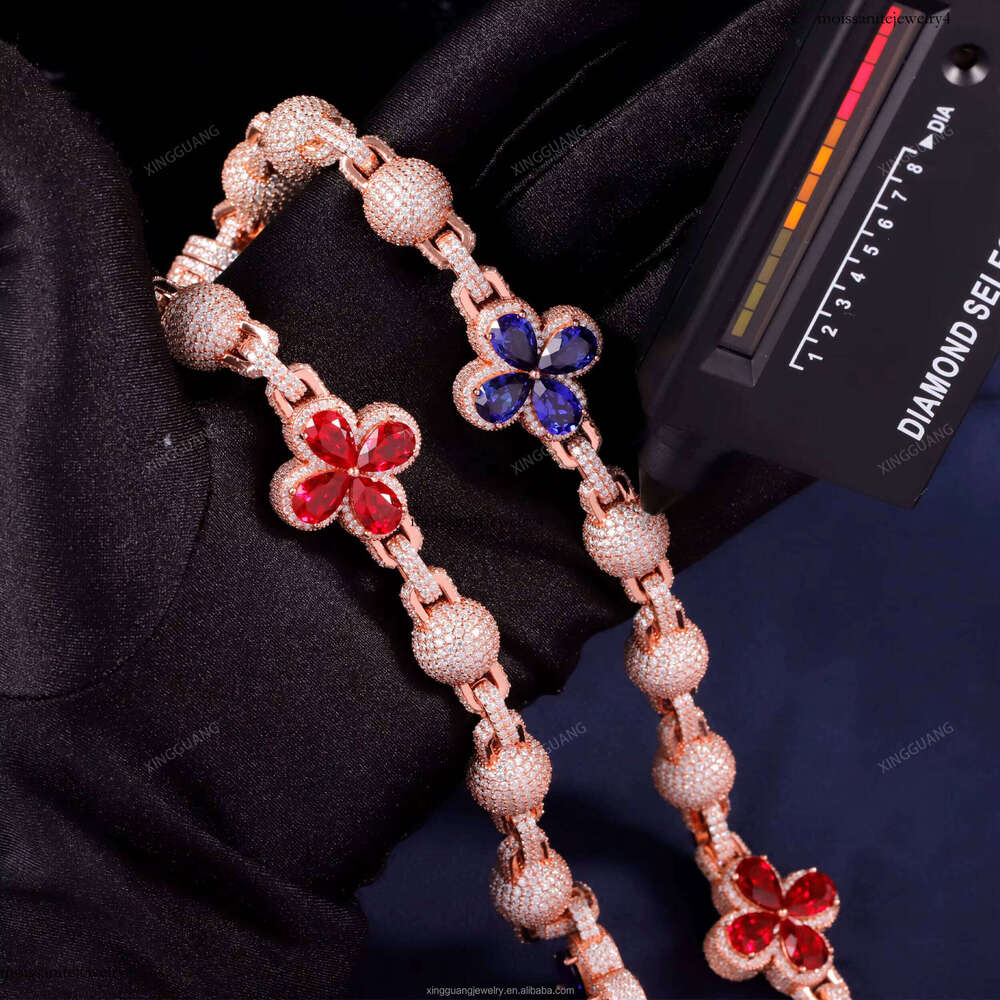XingGuang Design Mens Hip Hop Ball Chain Rapper Jewelry Sier Iced Out Lab Ruby Sapphire White Moissanite Dia Necklace