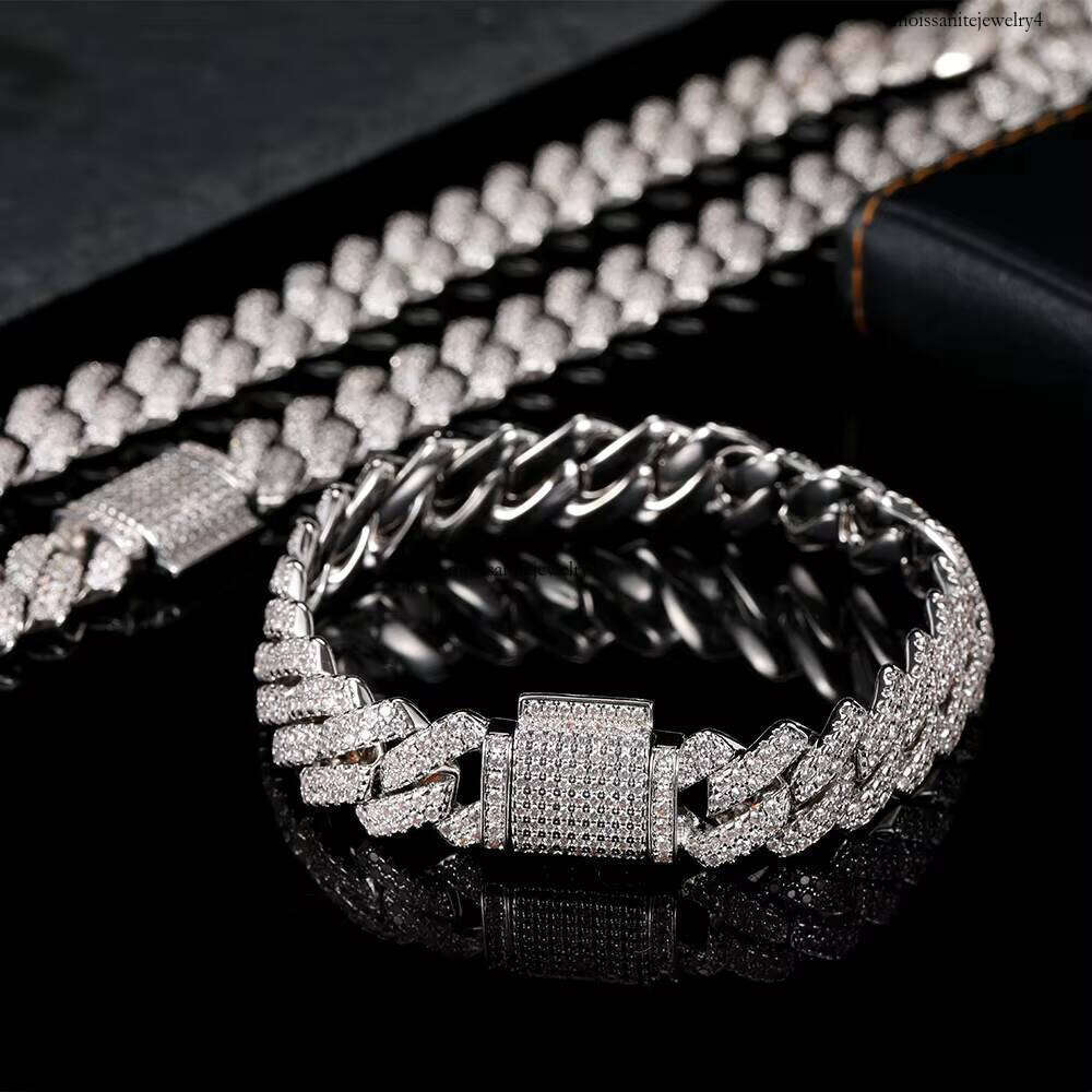 14MM Hip Hop Sterling Sier Cuban Link Chain Bracelet Iced Out Moissanite Can Pass Dia Test Fine Jewelry for Men Women