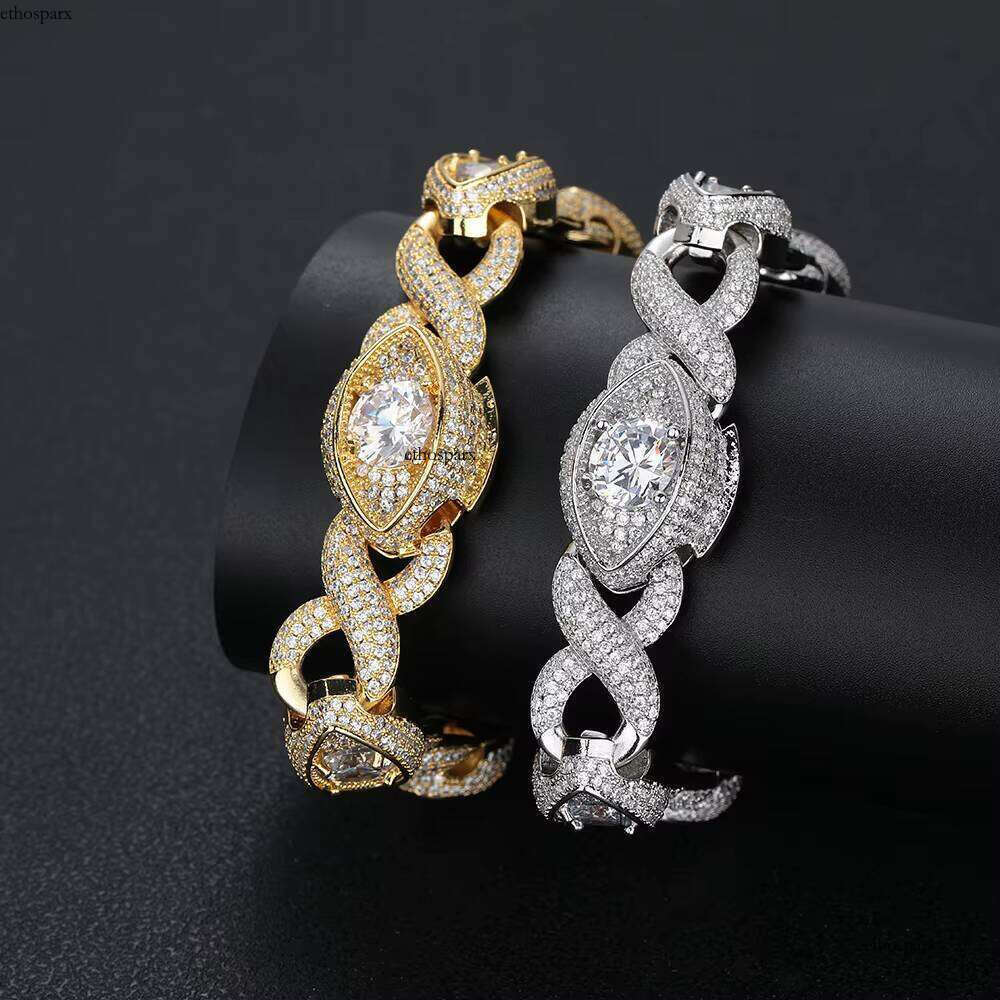 15mm Eye-Shaped Design Dia Gold Plated Iced Out Zircon Cuban Chain Link Bracelet Women Fine Jewelry