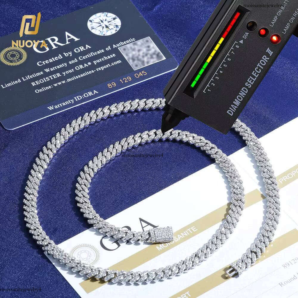 NUOYA Hip Hop Sier Iced Out Link Pass Dia Test Custom 6mm Width 1 Row Cuban Chain Moissanite Bracelet