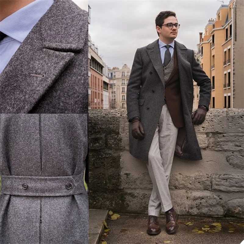 igh Quality Wool Men Suits Thick Custom Made Men Suits Double Breasted Tuxedos Peaked Lapel Blazer Business Formal Long Coat XJ250809