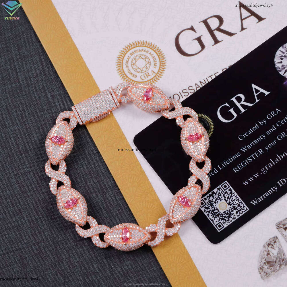 Fashion Hip Hop Jewelry Iced Out 15mm Sterling Sier Pink Marquise Moissanite Evil Eyes Cuban Bracelet