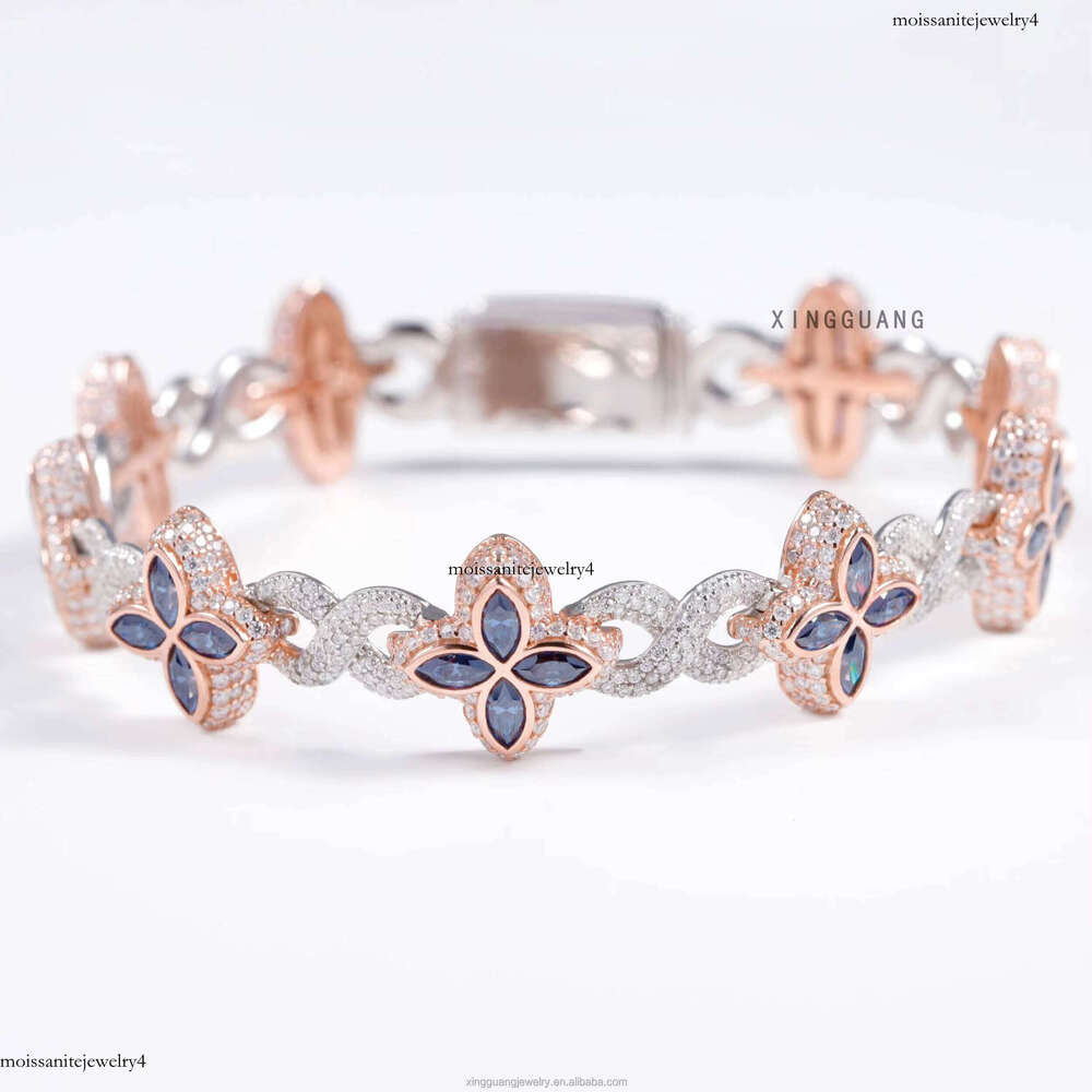 New Fashion Four Leaf Sterling Sier Colored Marquise Moissanite Infinity Link Clover Cuban Bracelet