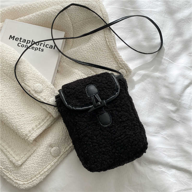 New Fur Bag Mobile Phone Bag Contrast Color Simple Style Single Shoulder Messenger Small Bag Female Autumn and Winter Lamb Cashmere Bag H250808