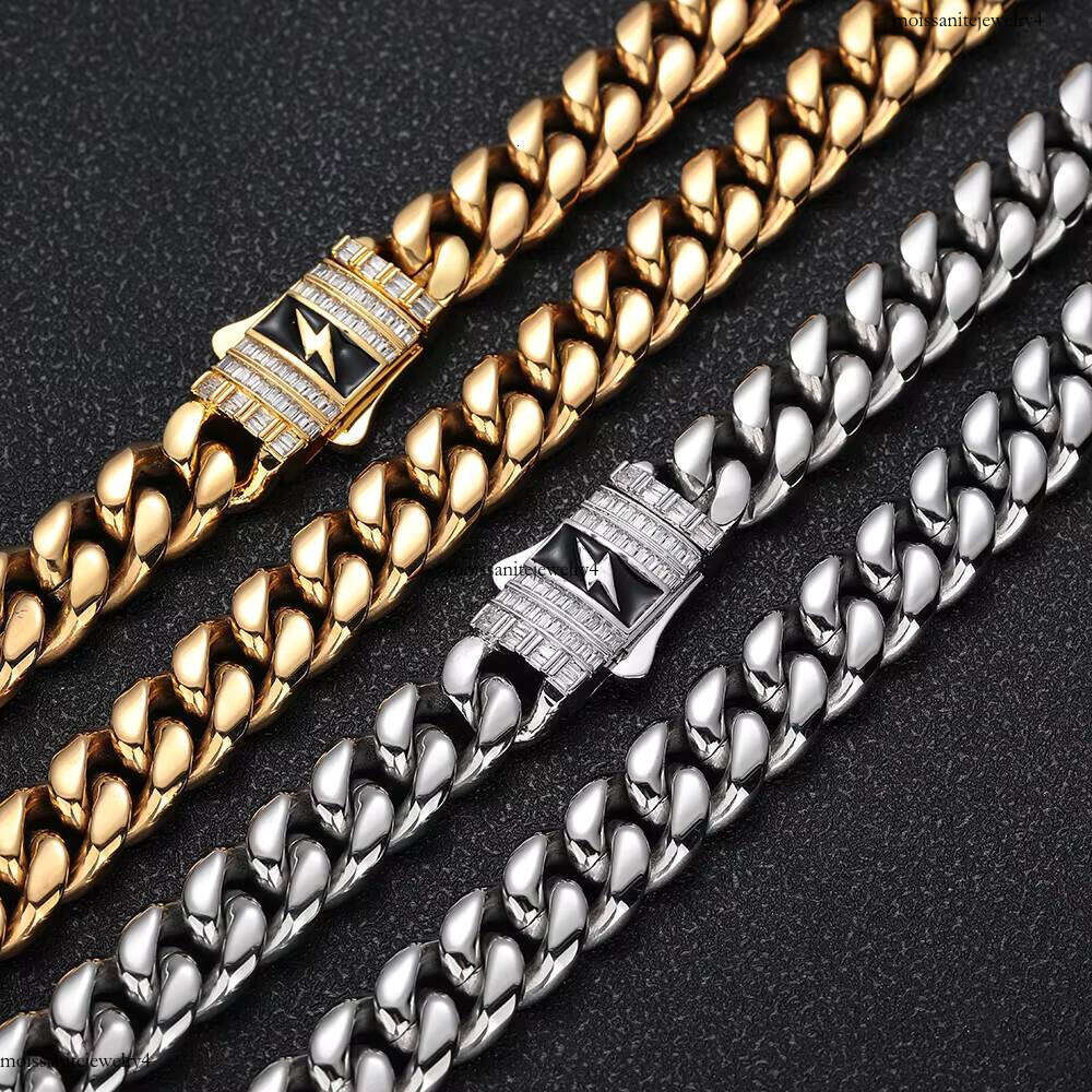 NUOYA Fashion Necklace Gold Plated Link Baguette Dia Clasp Custom Lighing Stainless Steel Cuban Chain