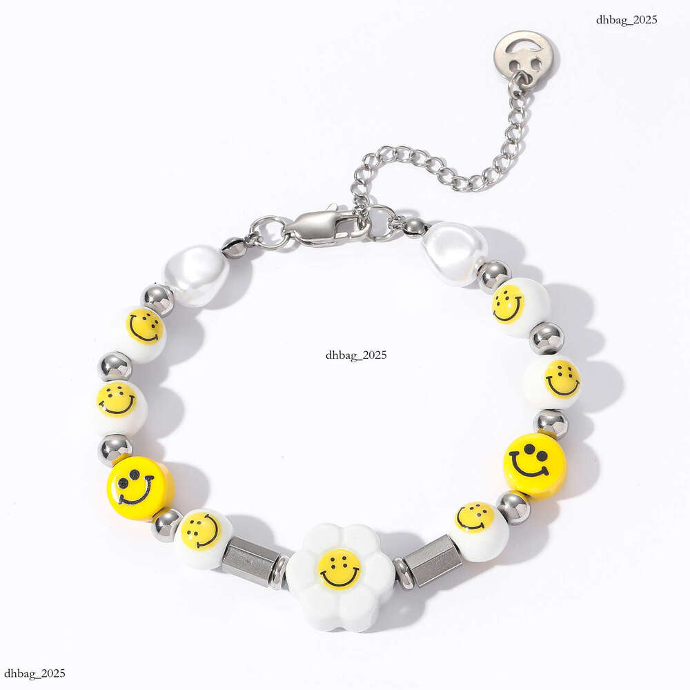 Ins Hip-Hop Sterling Silver Smiley Face Suower Pearl Necklace Unisex Personality Choker Bracelet