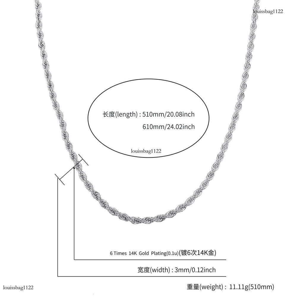 Hip Hop Plain Chain 3mm Dense Sterling Silver Twist Necklace Color Retention Electroplated Twisted Rope Bracelet