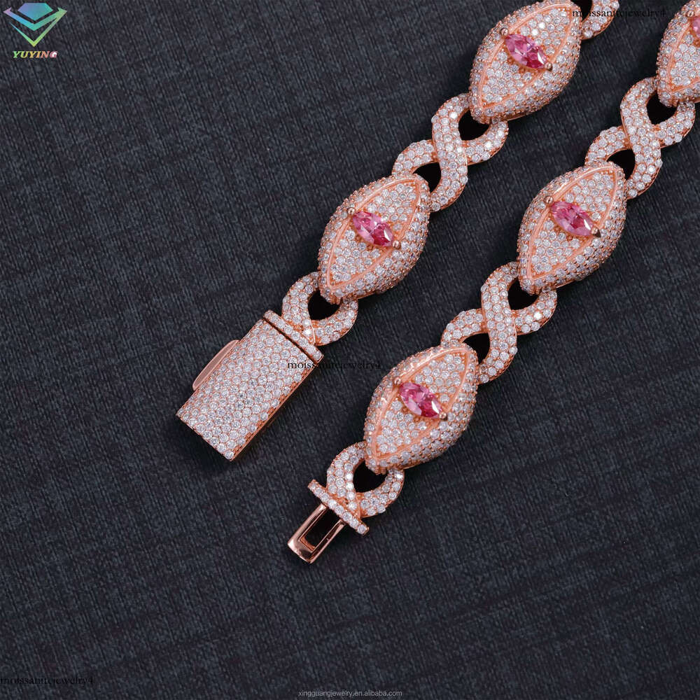 Fashion Hip Hop Jewelry Iced Out 15mm Sterling Sier Pink Marquise Moissanite Evil Eyes Cuban Bracelet