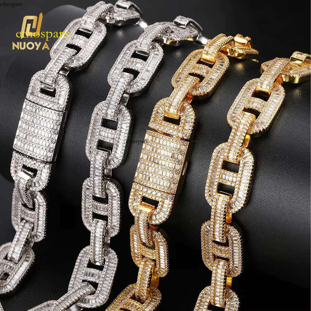 NUOYA Durable 15MM Cuban Link Chain Iced Out Bling Baguette Zircon Necklace Hip Hop Jewelry Personalized Gift