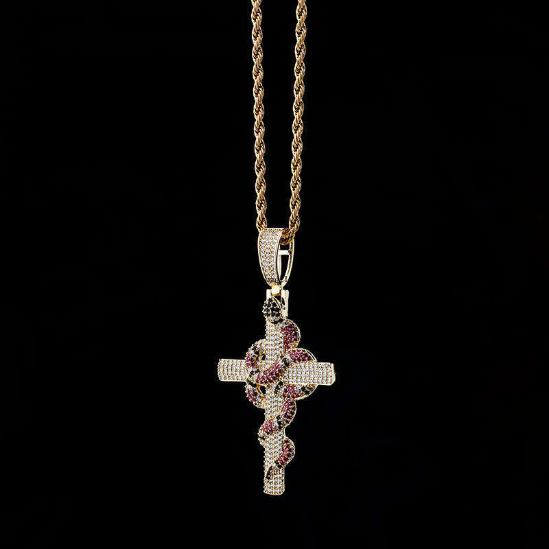 Cobra Cross Pendant Real Gold Plated Full Moissanite chain Men's Necklace Jewelry