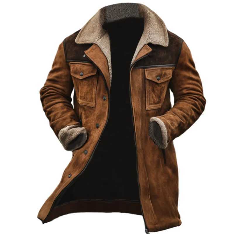 Mens Vintage Suede Patchwork Lamb Fleece Multi-Pocket Reverse Collar Outdoor Jacket Coat W250809
