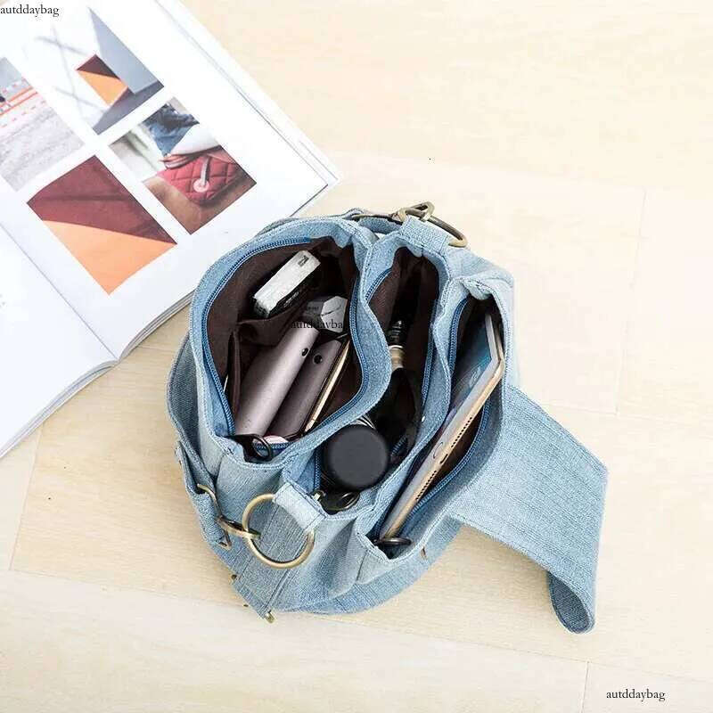 Casual Denim Bucket For Women Shoulder Crossbody Bag Multiple Pockets Ladies Handbag Design Female Big Totes Blue