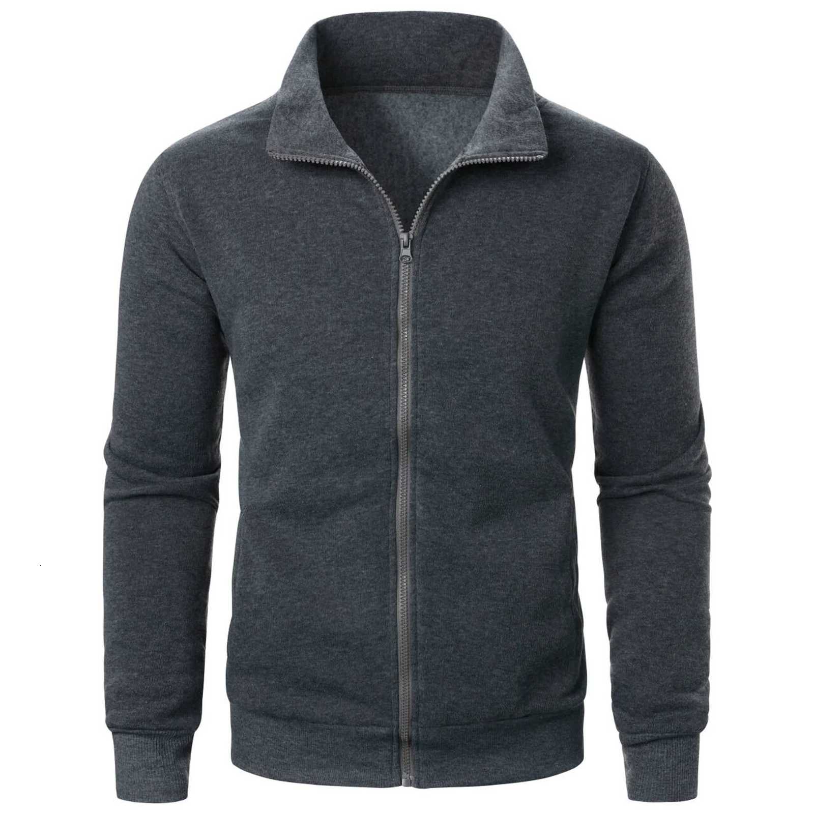 Mens Casual Sports Zipper Stand Collar Hoodie Coat Mens Solid Color Cardigan W250809