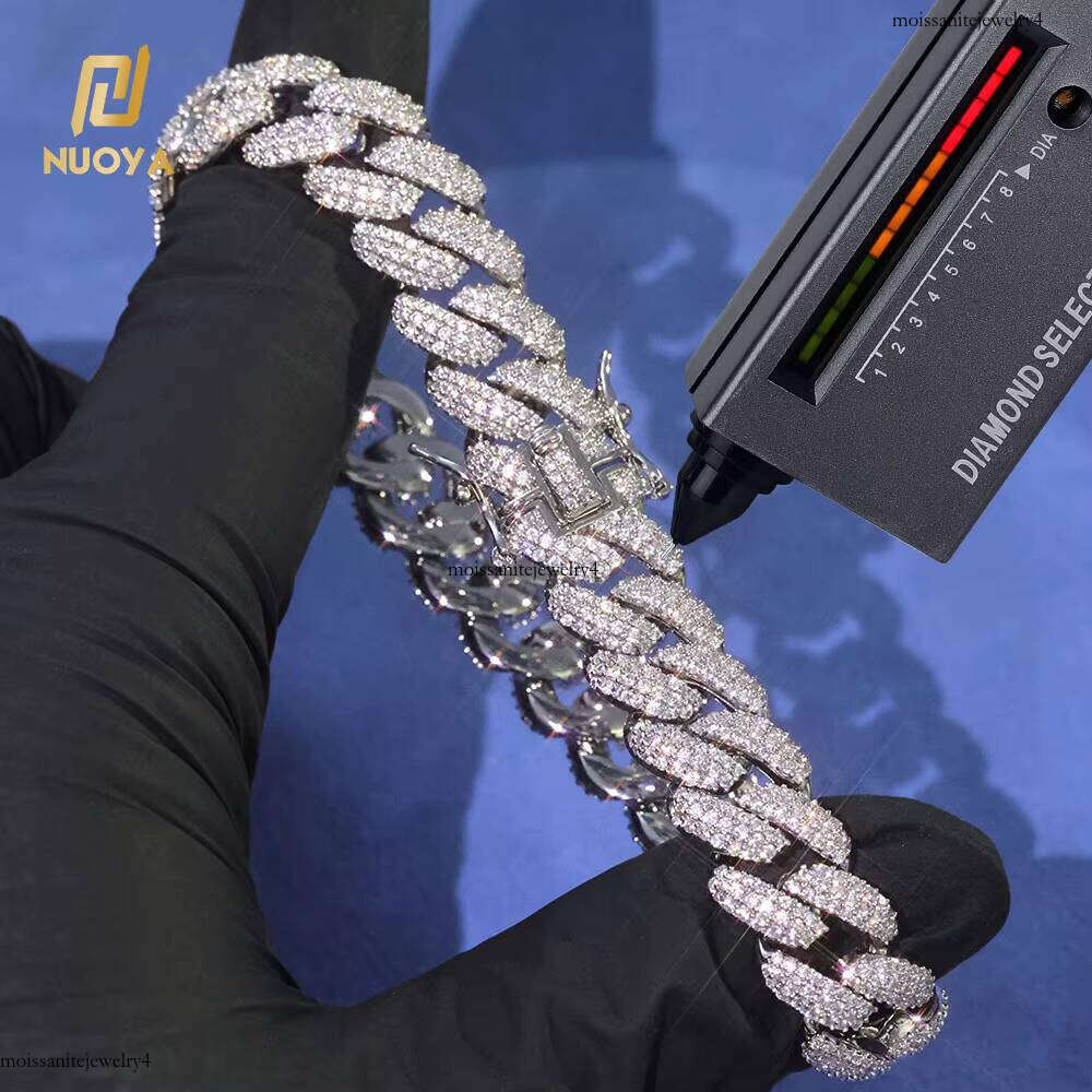 NUOYA New Style 12mm Sier Iced Out Dia Cuban Chain Hip Hop Fine Jewelry Bling Moissanite Bracelet for Women