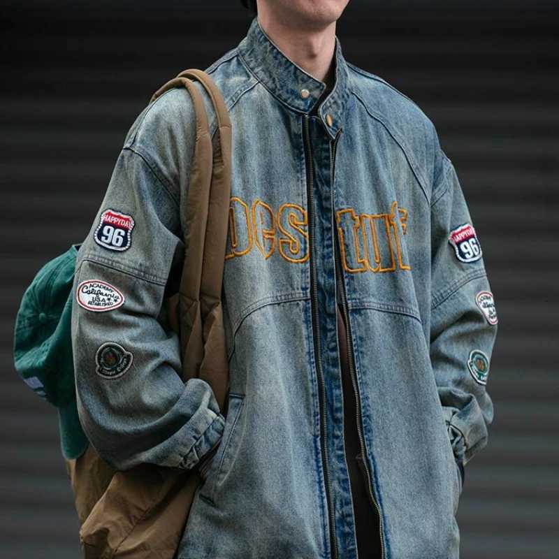American Retro Denim Jacket Patch Embroidery Motorcycle Distressed Jeans Coat Men High Street Workwear Zipper Stand Collar Top W250809