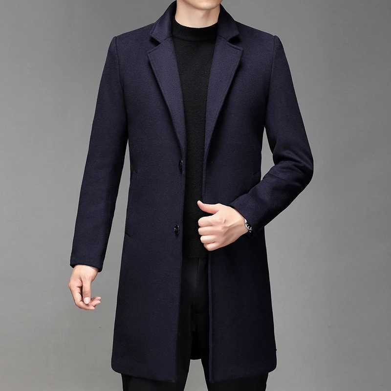 Autumn Winter Mens Wool Coats Mid Long Trench Men Solid Smart Casual Wool Blends Outerwear Turn Down Collar Windbreaker Man XJ250809