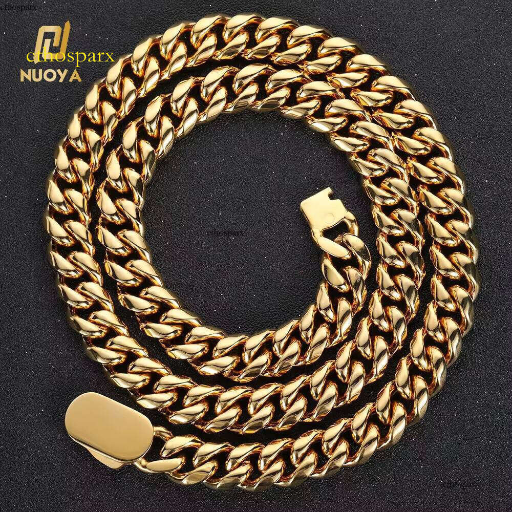 NUOYA High Quality 10mm Hip Hop Jewelry for Men Gold Plated Stainless Steel Cuban Link Chain Necklace