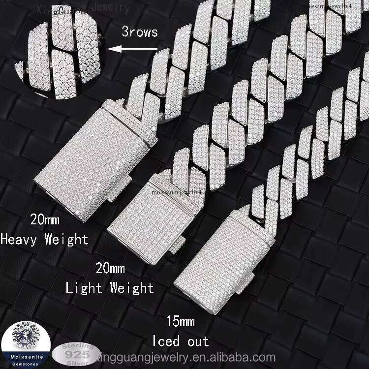 RTS Iced Out 20 mm 3 Rows Hip Hop Moissanite Cuban Chian Sterling Sier Gold Plate Fine Jewelry Necklaces