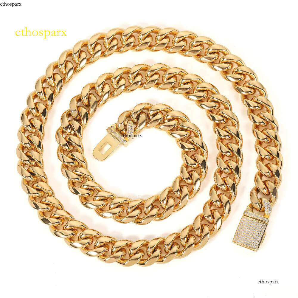 NUOYA Gold Plated Stainless Steel Men's Miami Cuban Chain Necklace 12mm HipHop Full Dia Clasp Fine Jewelry