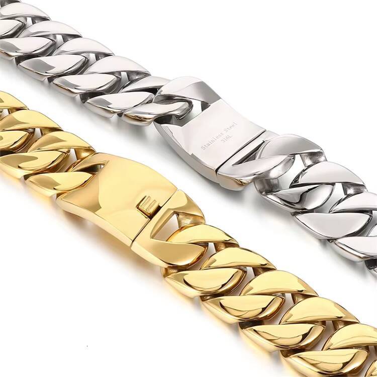 Mens 31MM Large Heavy Polished Stainless Steel Plated 18K Gold Plated Thick Chunky Cuban Curb Chain Link Necklace Bracelet