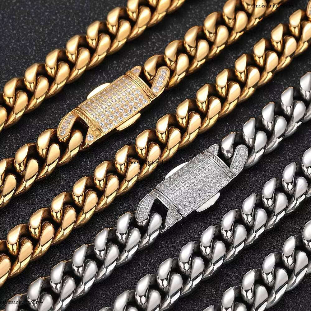 NUOYA 12mm HipHop Full Dia Clasp Link Gold Plated Stainless Steel Miami Cuban Chain Necklace Men
