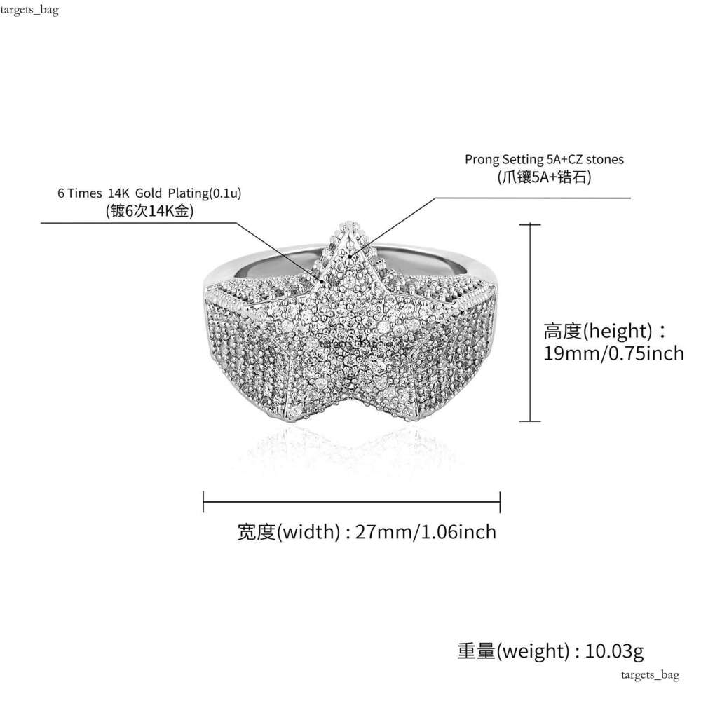 Hip Hop Full Diamond Pentagram Sterling Silver Gold Plated Street Style Personality Fashion Trendy Men's Versatile Ring