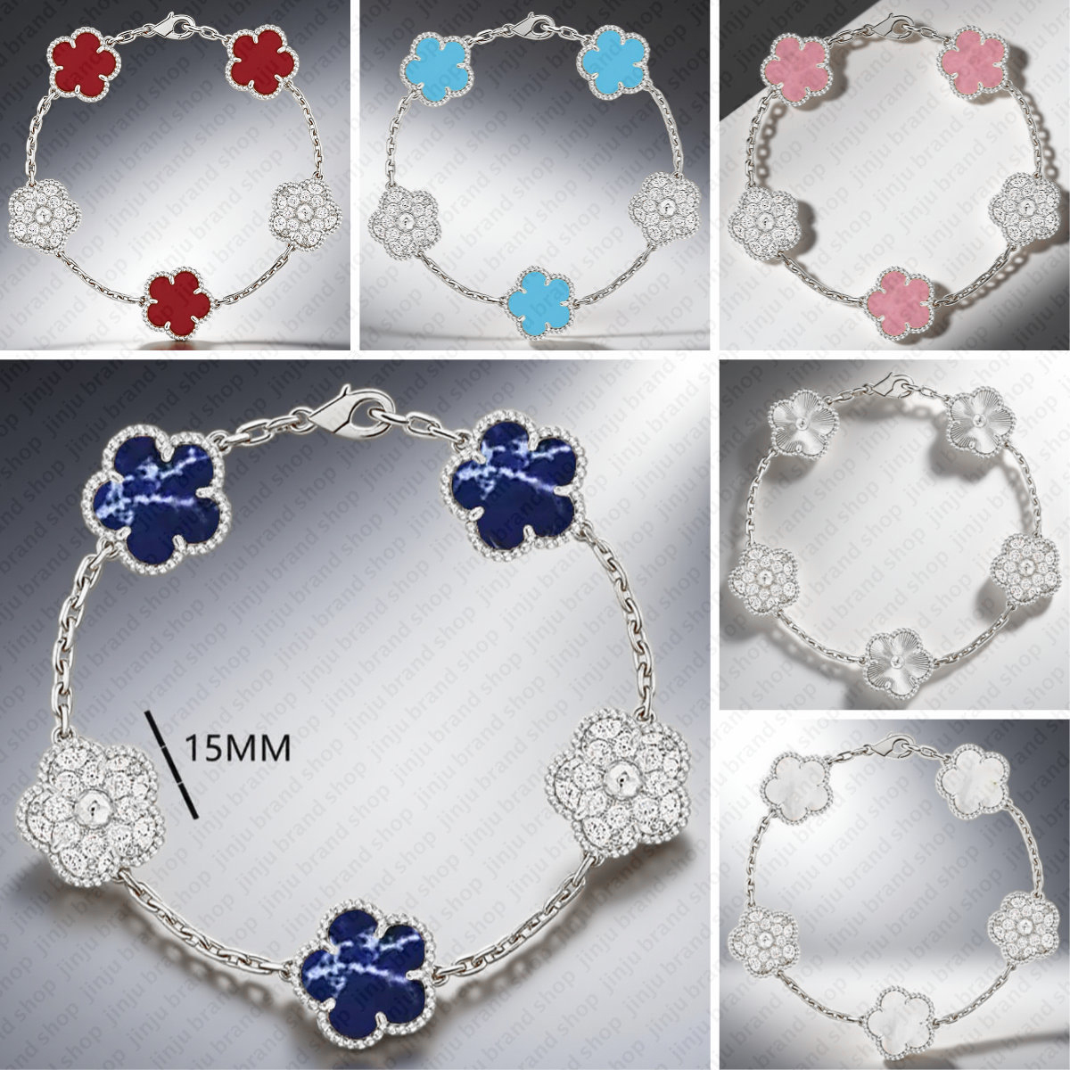 Hot selling bracelet designer jewelry luxury bracelet women Vintage fashion 5 motif flower bracelet with diamond 15mm four leaf clover bracelet stainless steel