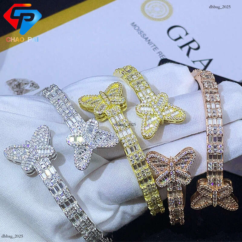 New Bracelet Personality Butterfly 6mm T Square Moissanite Inlaid Sier Gold Plated Hip Hop 111