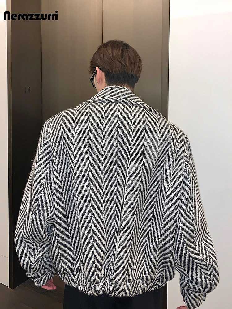 Nerazzurri Autumn Winter Warm Colorful Black and White Plaid Woolen Jacket Coat Men Zip Up Clothes Loose Casual Korean Fashion XJ250809
