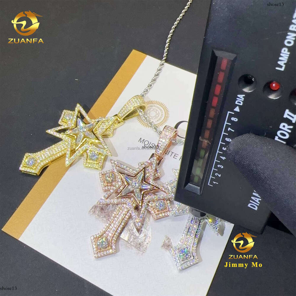 New Arrival Iced Out Hip Hop fashion Rapper Jewelry Sier Vvs1 Silicon Stone Star Cross Pendant For Men