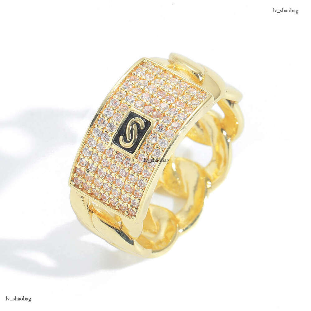Unique Fashion Hip-Hop Geometric Zircon 14K Gold Full Diamond Cuban Chain Design Trendy Ring