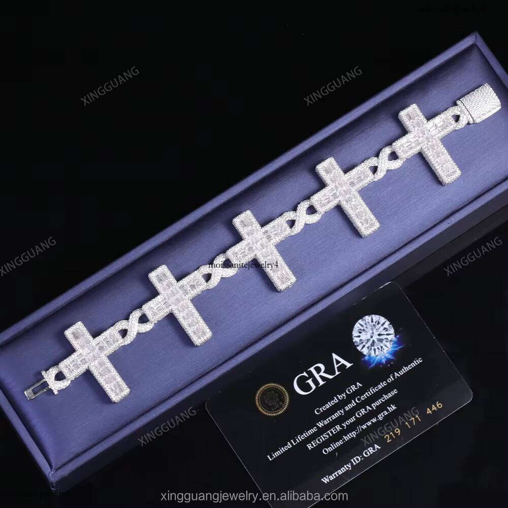 Wholesale Customization Dia Miami Cuban Hip Hop Fine Jewelry Bracelet VVS Moissanite S Sier Cross Chain Men