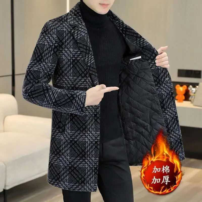 British Plaid Mens Thick Trench Coat Winter Mens Woolblen Windbreaker Single Breasted Long Jacket Long Coat for MenXJ250809
