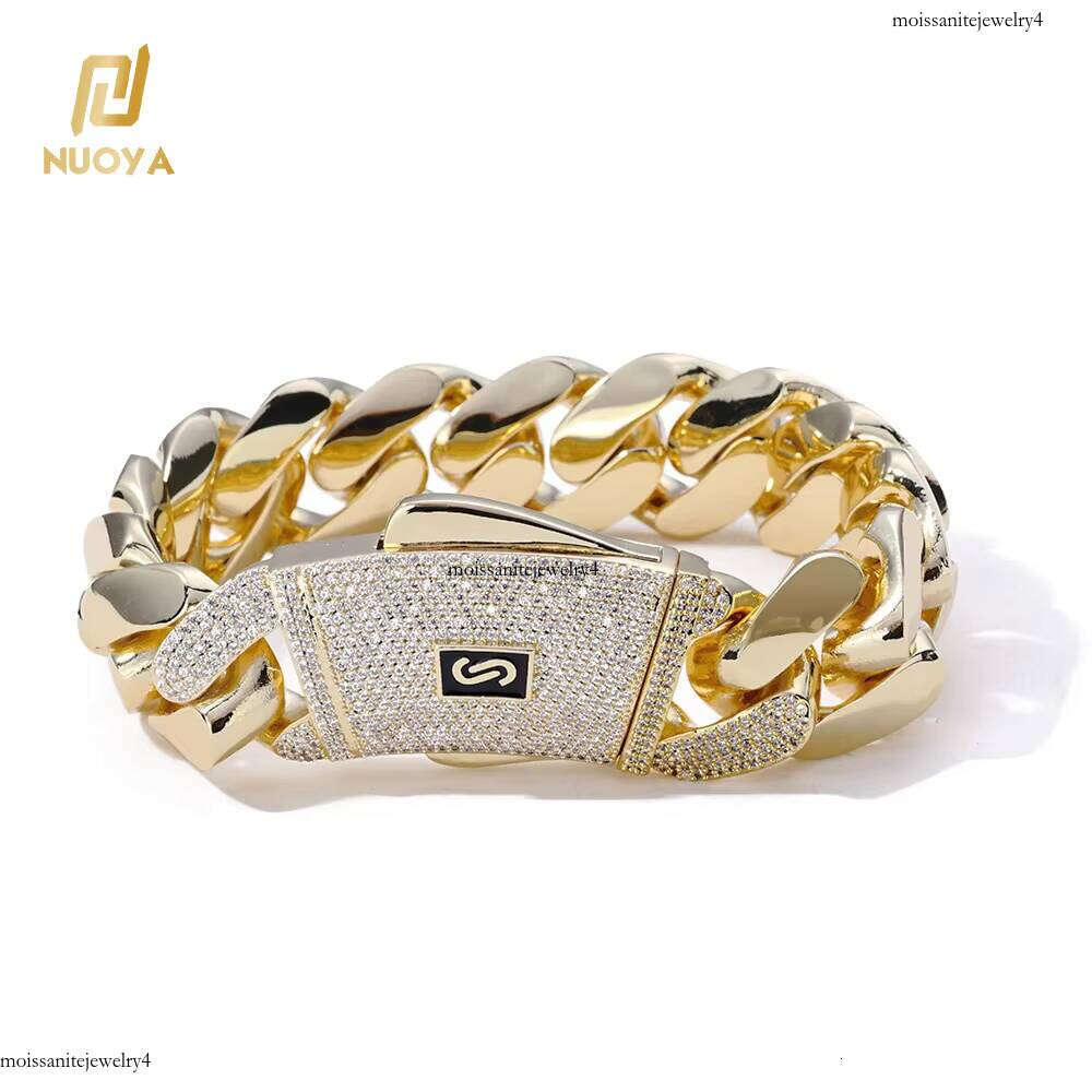 NUOYA High Quality 14K Monaco Sier Link Necklace Iced Out VVS Moissanite Clasp Smooth Cuban Chain Jewelry