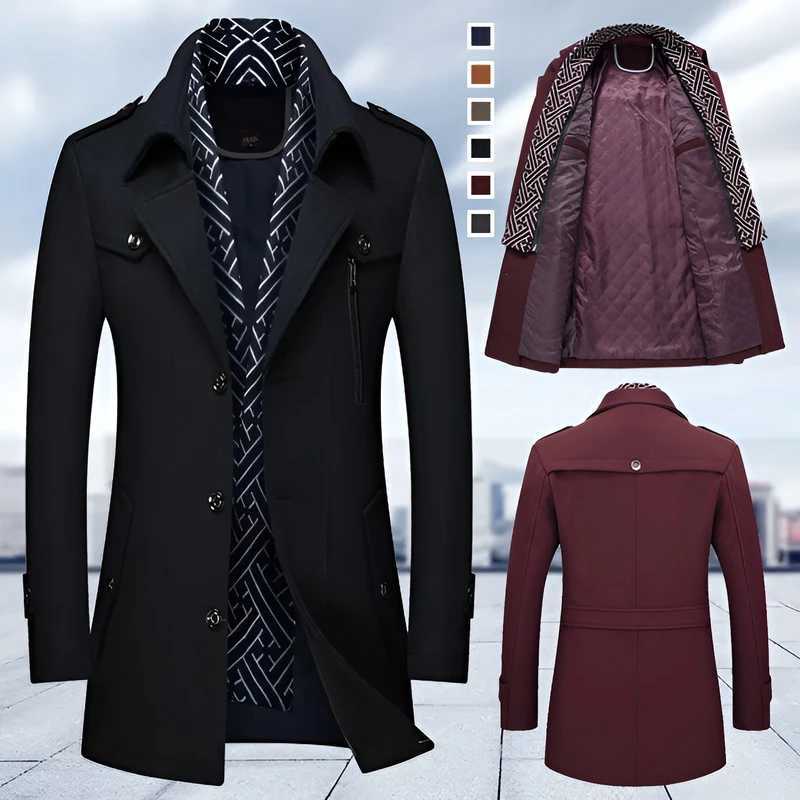 Mens Woolen Coats Fashion Thickened Mid Length Trench Turn Down Collar Warm Outerwear Business Casual Wool Coat XJ250809