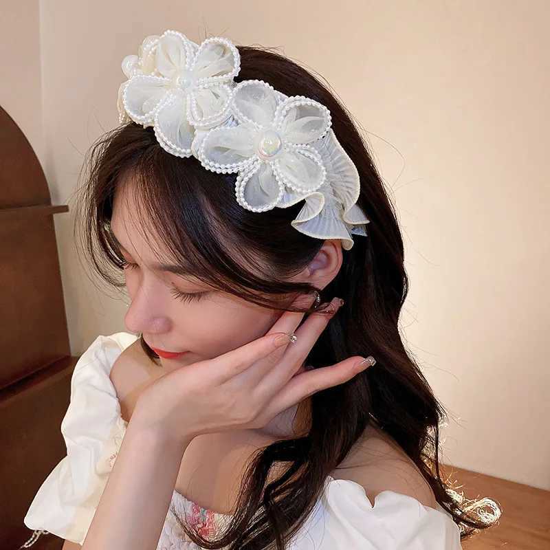 Pearl Weave Mesh Wide Brimmed Handbags for Women Light Luxurious Temperament Large Band Charms Hair Accessories Y250809