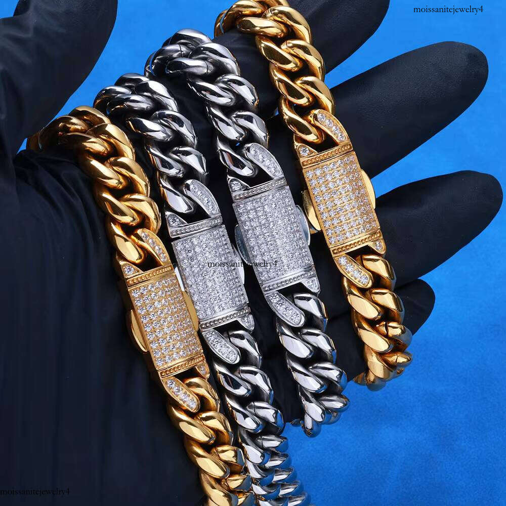 NUOYA Hip Hop Jewelry 12mm Cuban Link Chain Gold Plated Stainless Steel Necklace with Moissanite Dia Clasp for Men Women