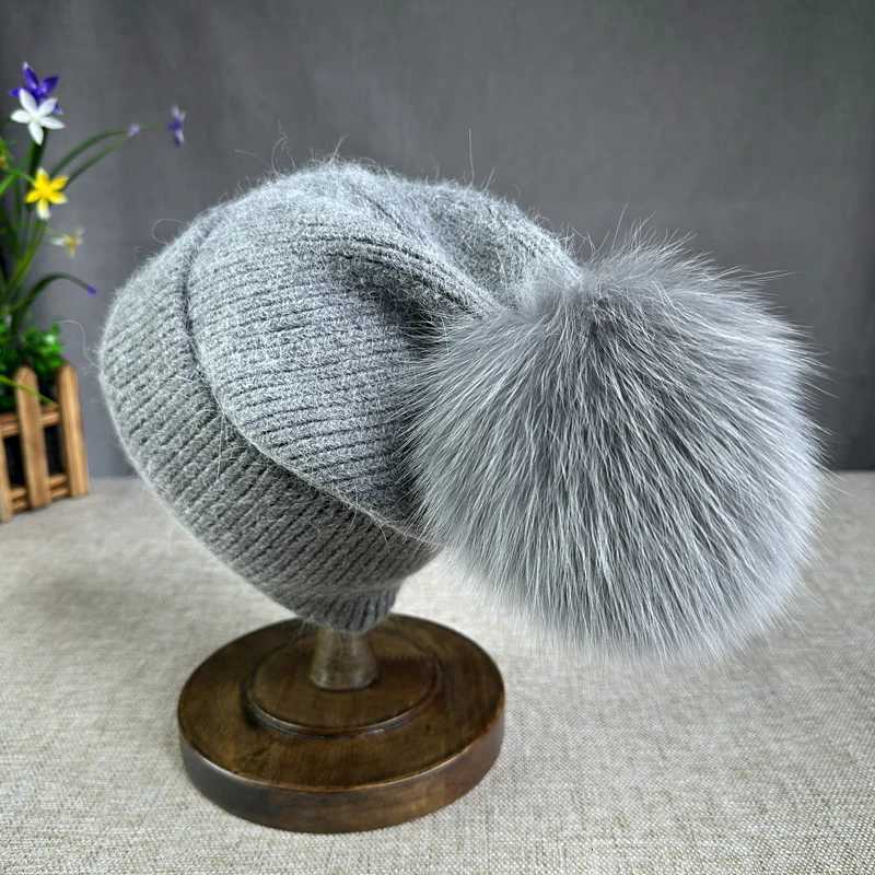 2024 Angora Knit Winter Hat For Kids Women Fluffy Fur Pompom Hat Beanies Luxury Big Size Bonnet Female Soft Warm Skullies XJ250809 - view 4