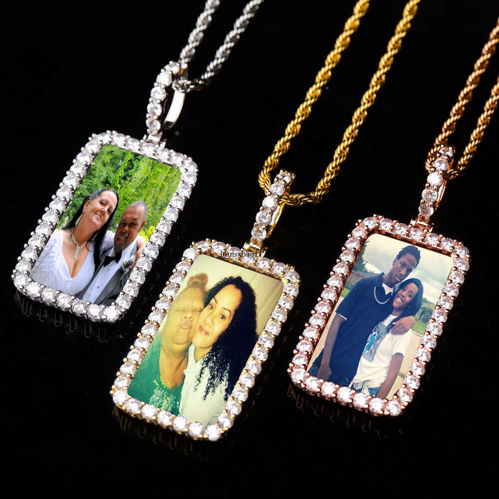 Trendy Double Row Inlaid Moissanite chain Square Frame Pendant Personality Hip-Hop Style Photo Memory Medal Necklace Jewelry