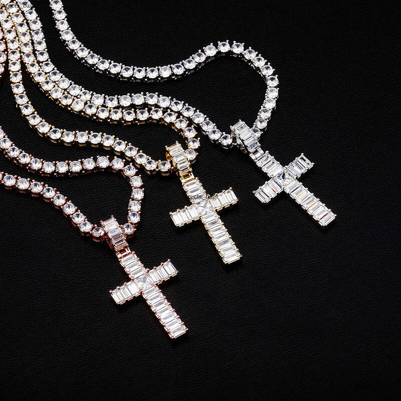 Hip Hop Double Row T Square Dia Rock Candy Cross Men's Trendy Full Moissanite chain Pendant