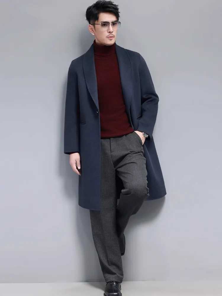 Autumn Winter Mens Business Work Long Woolen Blends Coat Slim Fit Handmade 100% Wool Trench Casual One Button Windbreaker Coats XJ250809