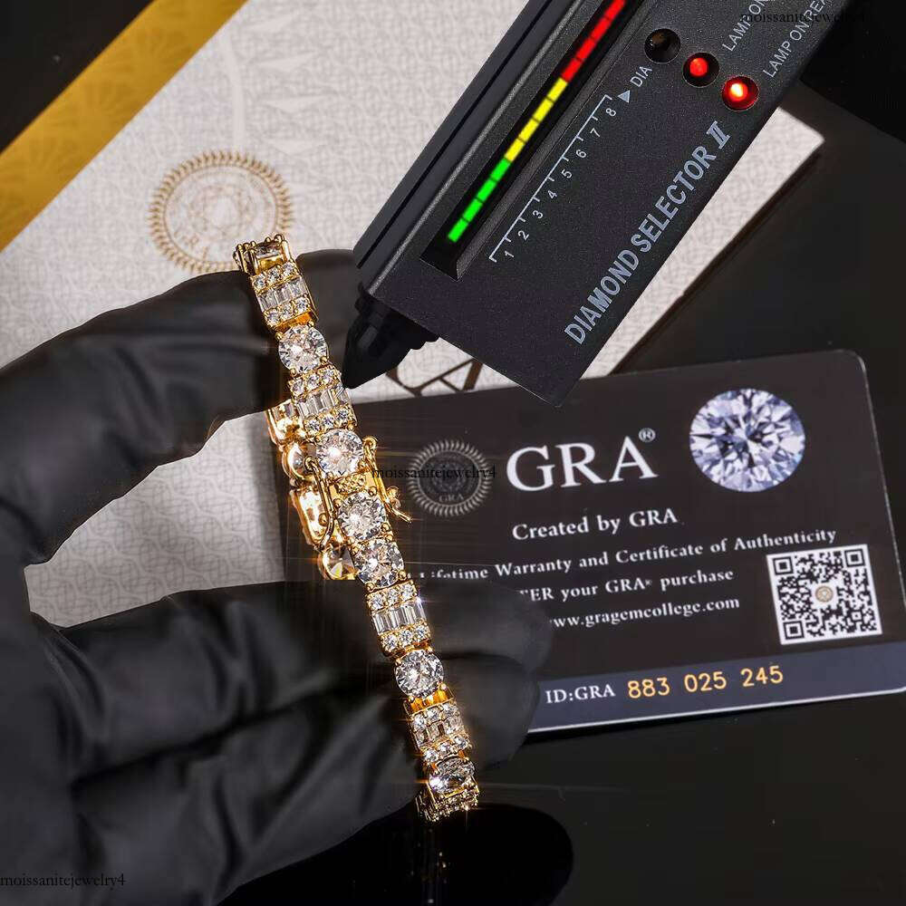 NUOYA Women's Hip Hop Sier Tennis Chain Bracelet Iced Out Baguette Round VVS Moissanite Fine Jewelry