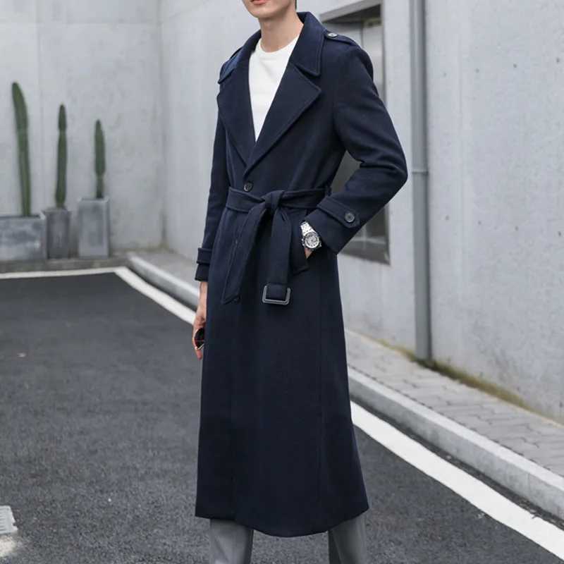 Black Hong Kong Trend Extra Length Overcoat Loose Handsome Over the Knee Trendy Casual Long Jacket Men Woolen Trench Coat in001 XJ250809