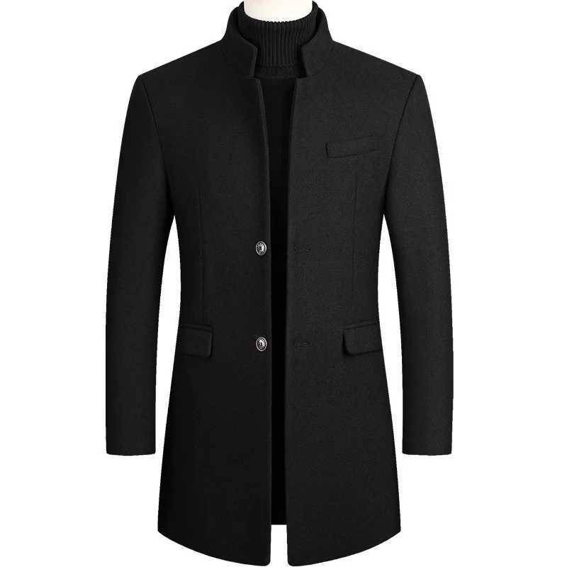 Winter Wool Blend Coats Men Solid Color Stand Collar Thick Business Casual Mens Trench Outerwear Single Breasted Wool Blends XJ250809