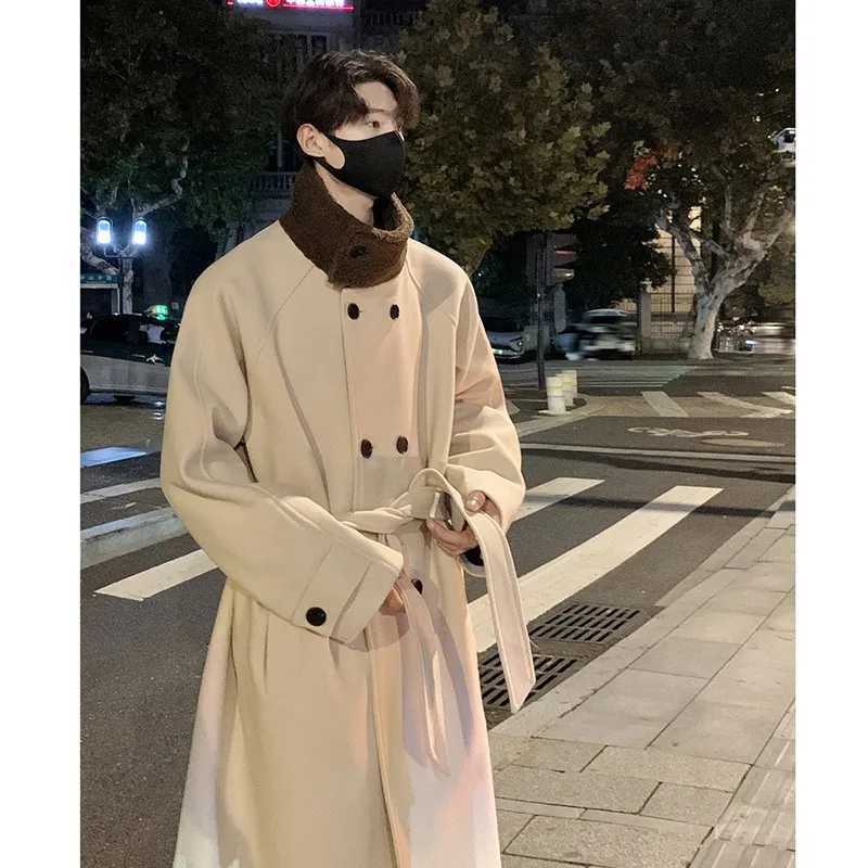 Mens Lamb Wool Patchwork Woolen Overcoat Men High-end Stand Collar Casual Loose Korean Style Winter New Elegant Trench Coat XJ250809