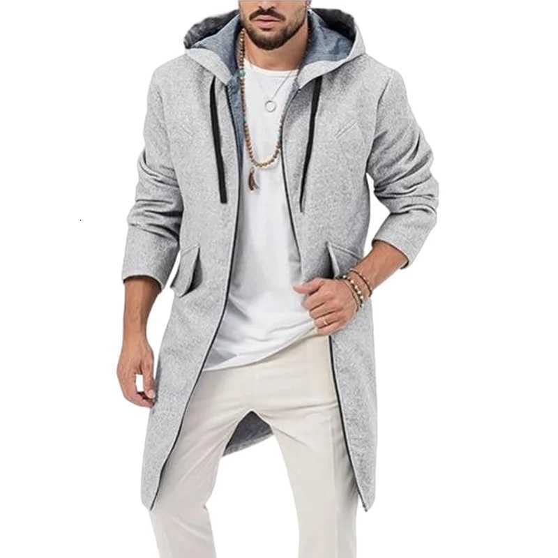 Mens Hooded Jacket Winter Long Zip Coat with Lining Wool Blends Streetwear Knee Coats Casual Mens Outerwear Clothing XJ250809