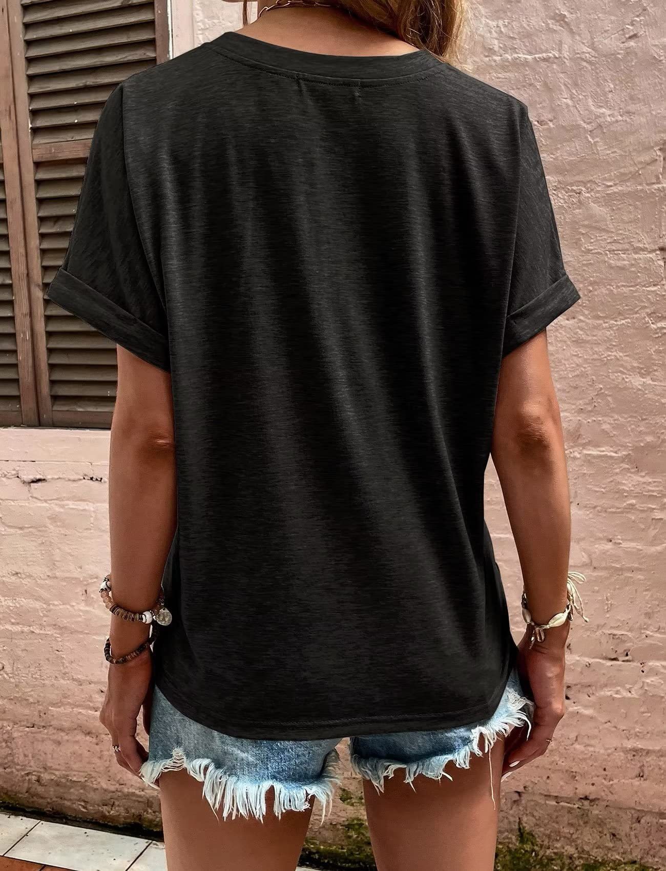 Blue casual style V-neck short-sleeved top